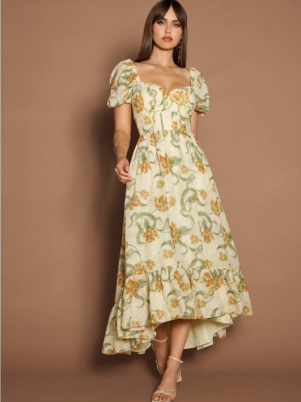 Azazie Cream Midi Dress with Yellow Floral Print